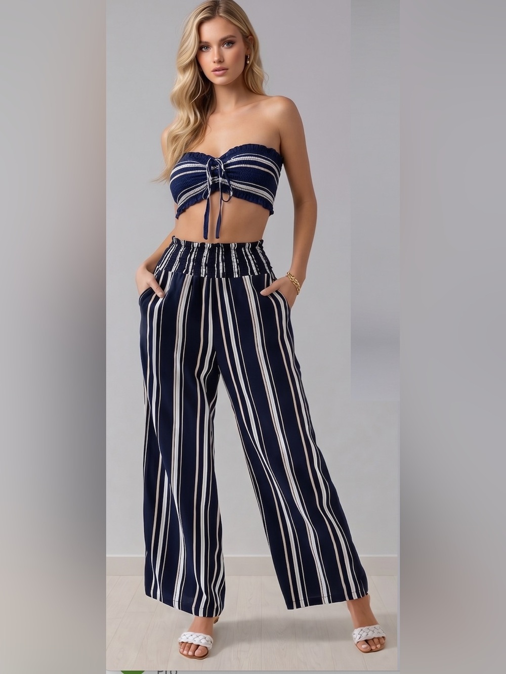 Blue/White Striped Drawstring Front Tube Top & Wide Leg Pants